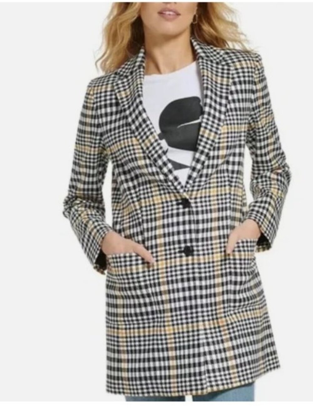 NWOT KARL LAGERFELD Plaid Mid Length Blazer with Pockets Size 6 Retails $220.00